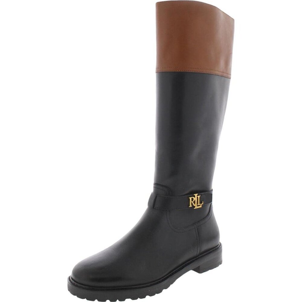 RALPH LAUREN WOMEN SZ 7.5 BLACK/COGNAC EVERLY RIDING BOOTS NEW